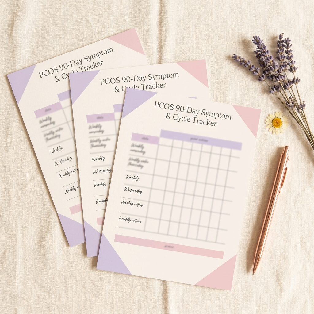 PCOS 90-Day Symptom Tracker PDF — printable pages with rose-gold pen and lavender