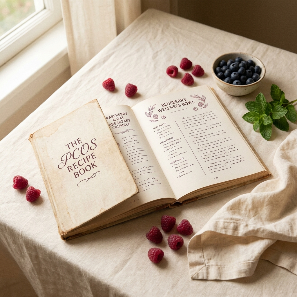 The PCOS Recipe Book PDF — open recipe spread with fresh berries and mint