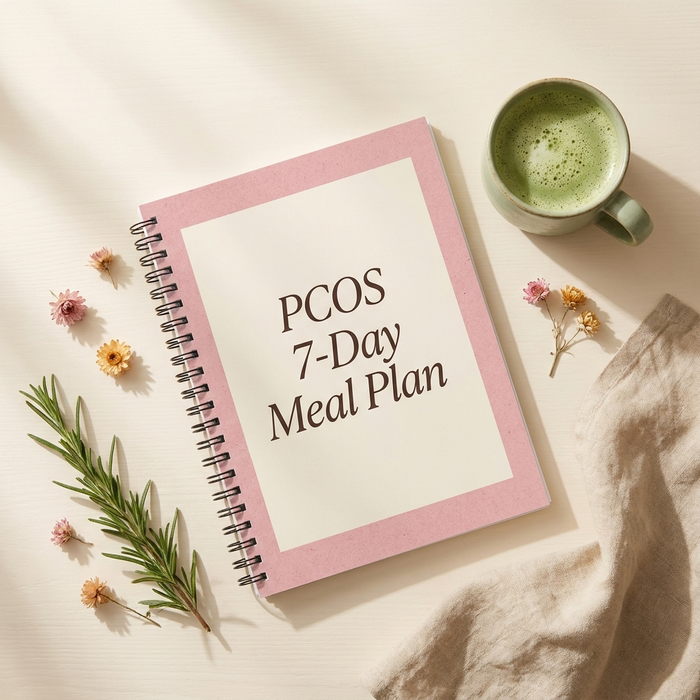 PCOS 7-Day Meal Plan PDF — cottagecore cream flat-lay with matcha and rosemary