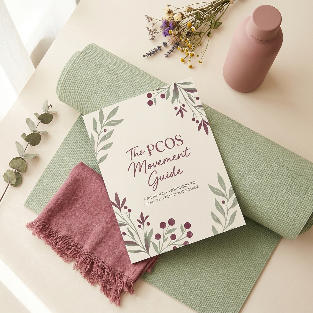 The PCOS Movement Guide PDF — workbook on sage yoga mat with eucalyptus