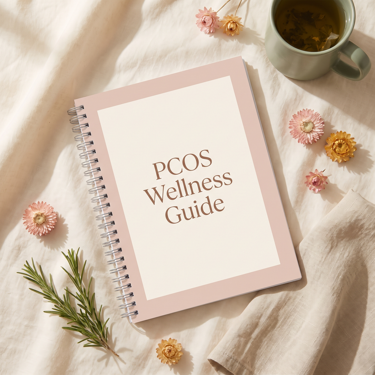 The PCOS Wellness Guide spiral workbook on cream linen with dried flowers and herbal tea